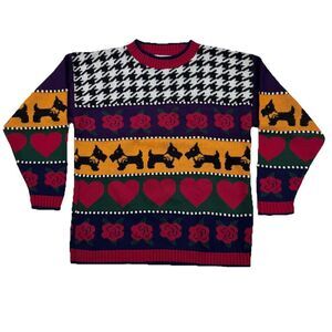 Vintage Knitwaves Scottie Dog Sweater M Hearts Roses Houndstooth Y2K Retro